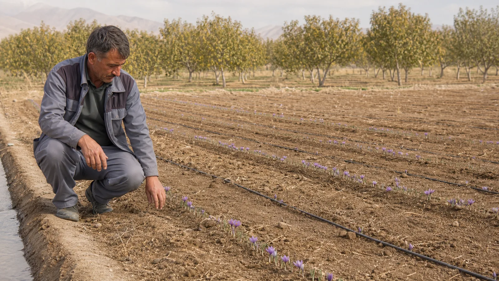 Farmer inspecting a saffron field in a dry Iranian farming region