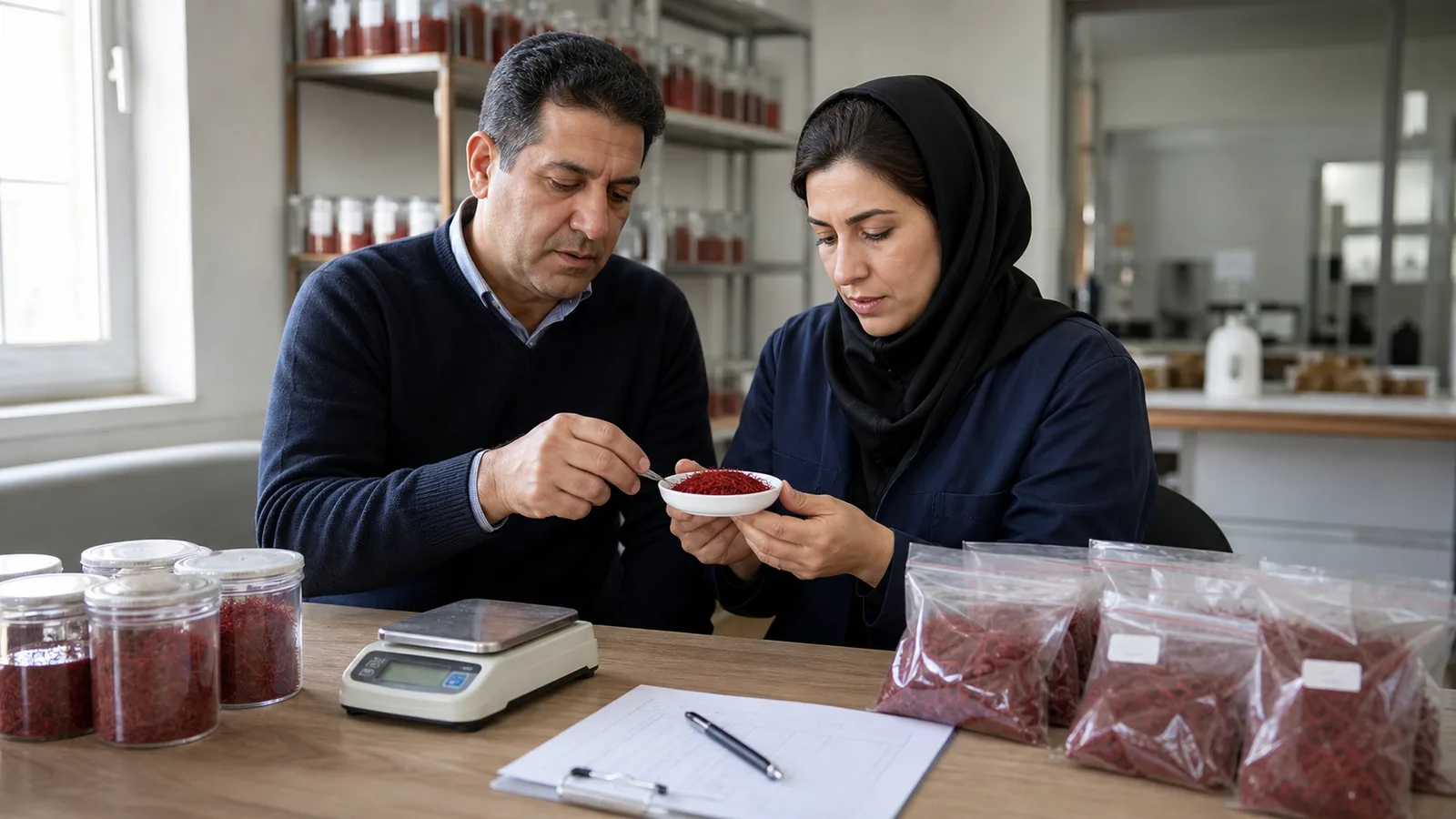 Saffron quality inspector checking traceable export packages and dried threads