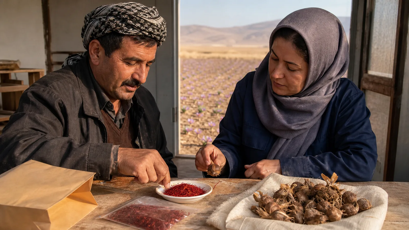 Iranian saffron grower and quality specialist reviewing a harvest sample