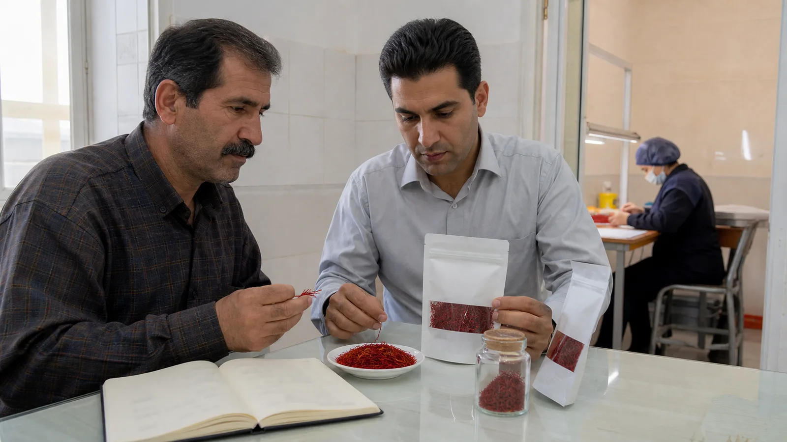 Iranian saffron exporter and grower reviewing quality and market samples