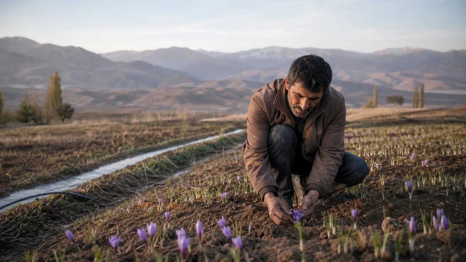 Saffron grower inspecting flowers in a small Nazarabad field