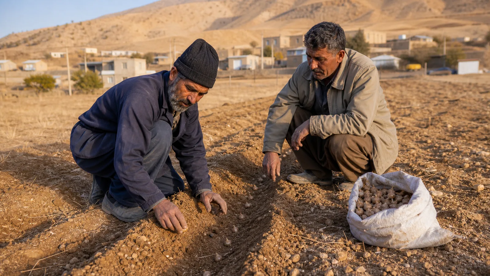 Growers planting saffron corms in a trial field near Lande