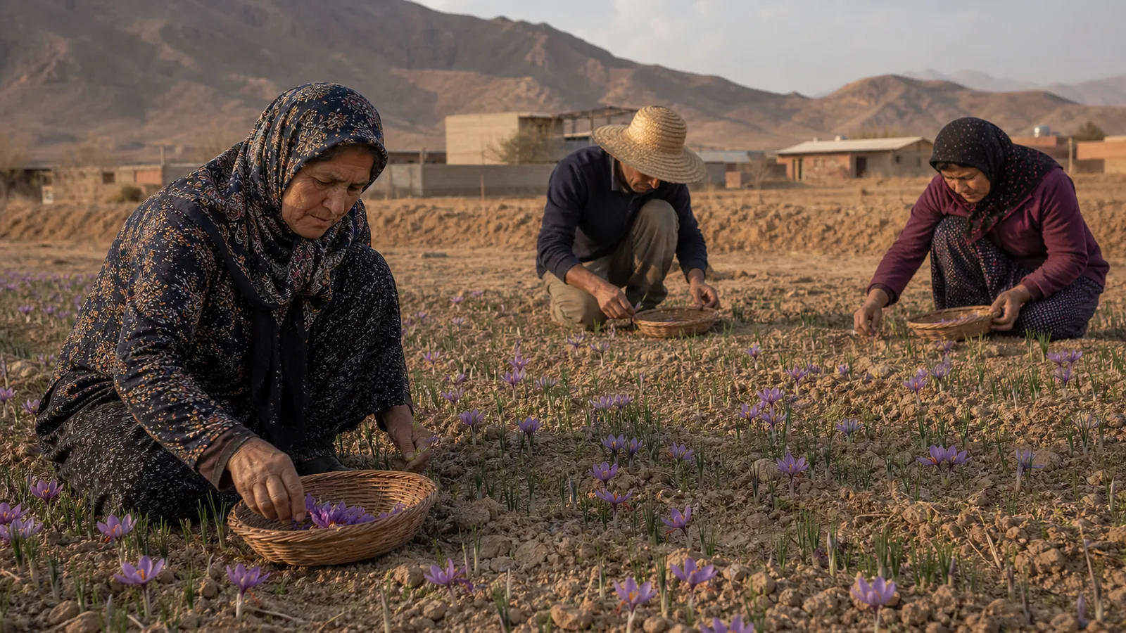 Family harvesting saffron from a small field in Qom province