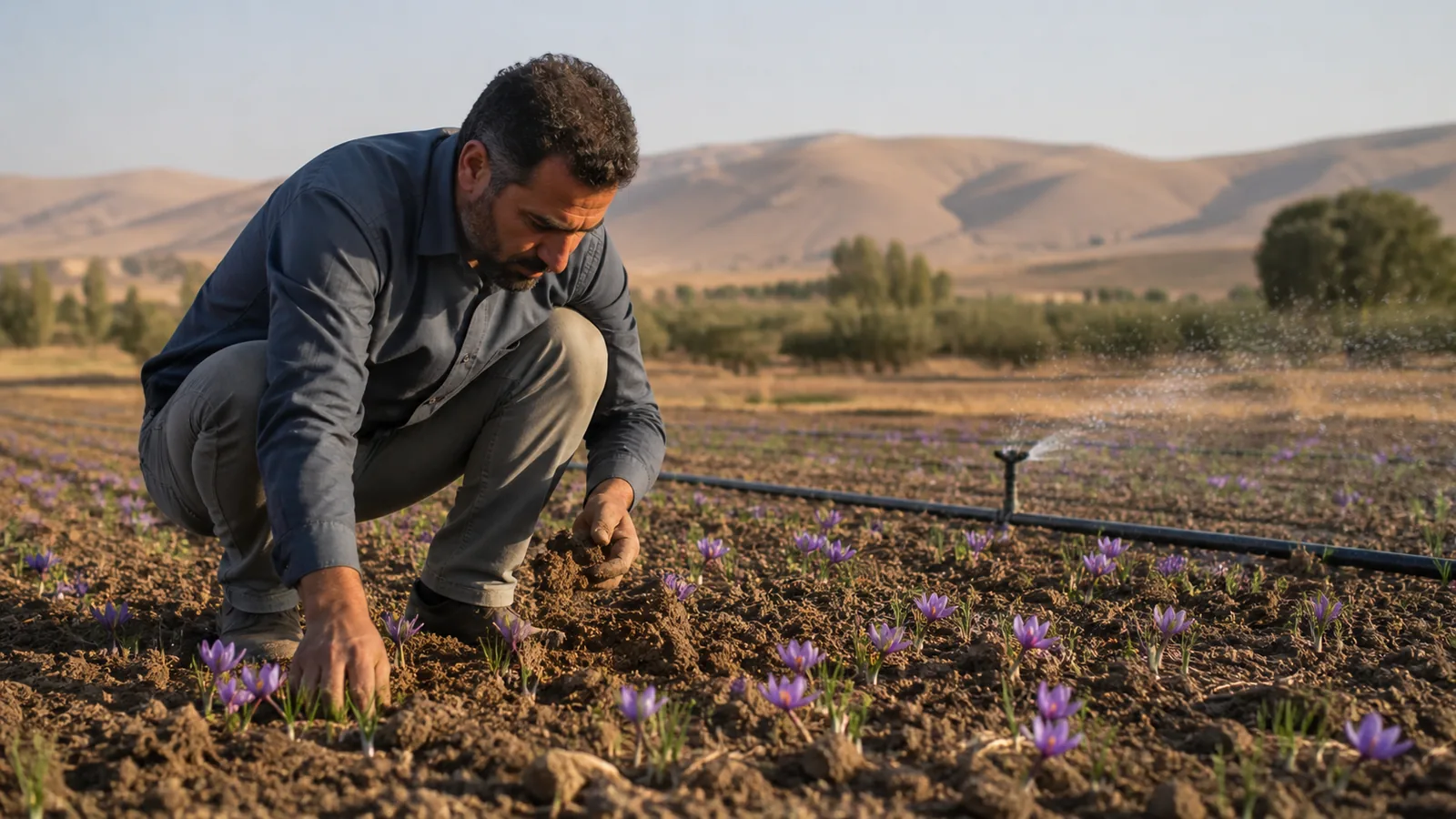 Sprinkler irrigation beside a small saffron trial field near Shahreza