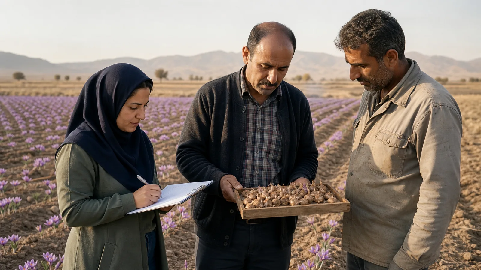 Agronomist and growers reviewing saffron corms in Khorasan Razavi
