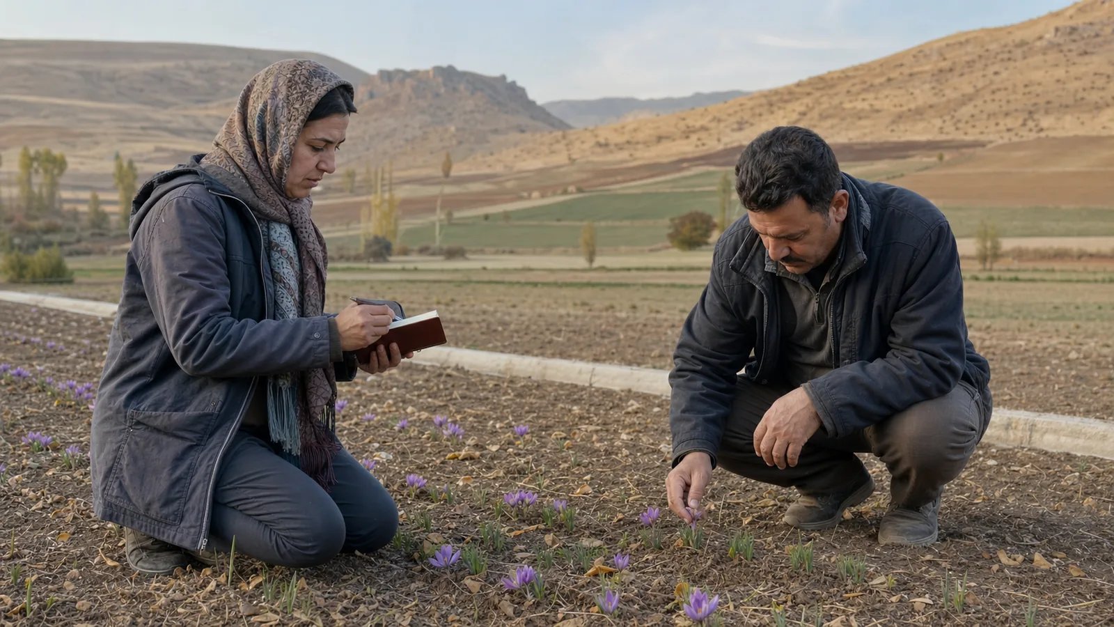 Growers inspecting a small saffron field in Famenin