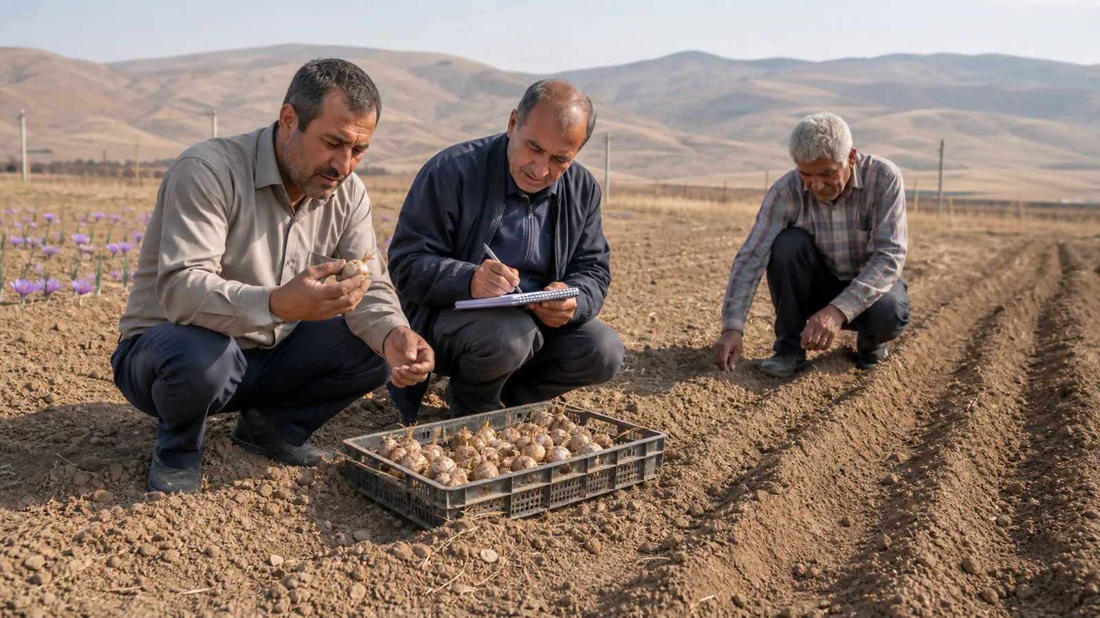 Ahar growers inspecting saffron corms before field planting