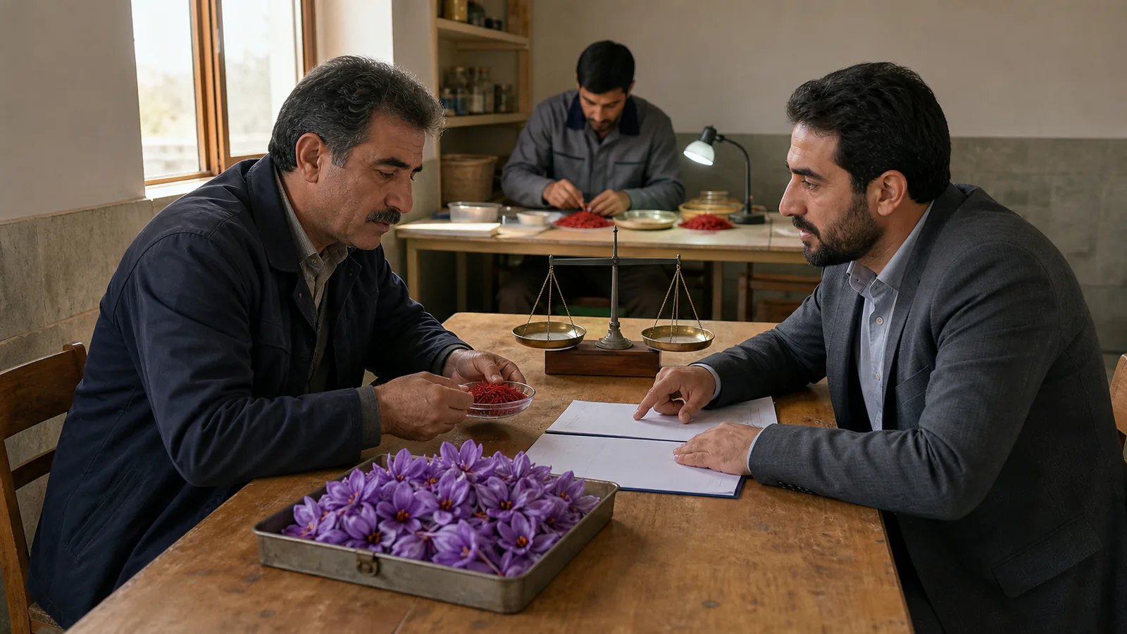 Saffron growers and an exporter reviewing a historical sale record