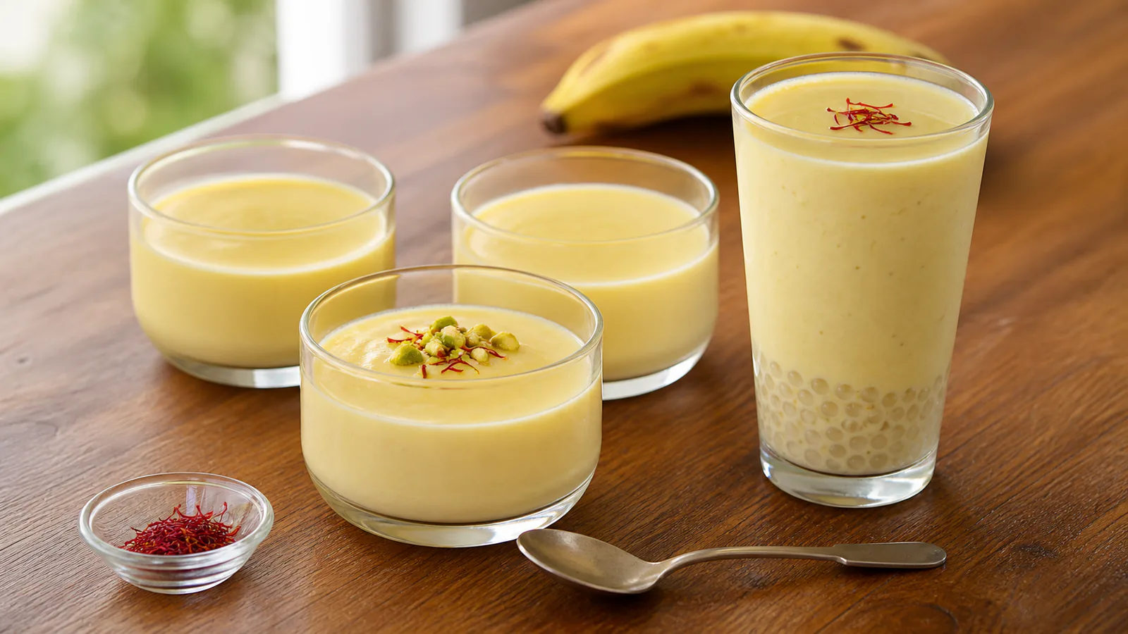 Saffron custard and a sago banana milkshake served together
