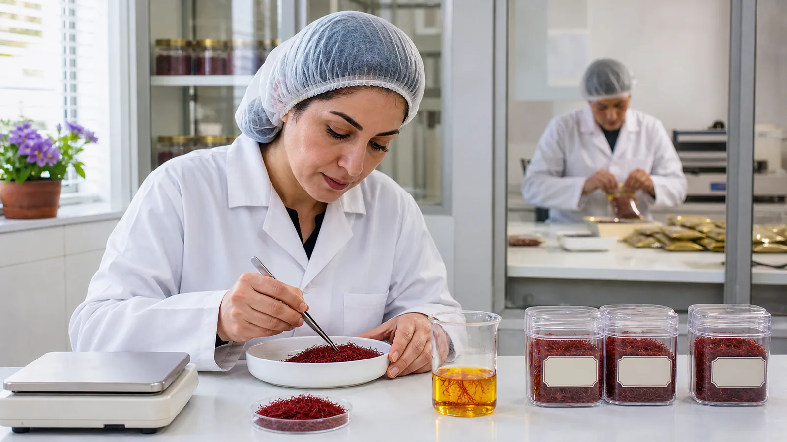Quality technician inspecting saffron threads before packaging