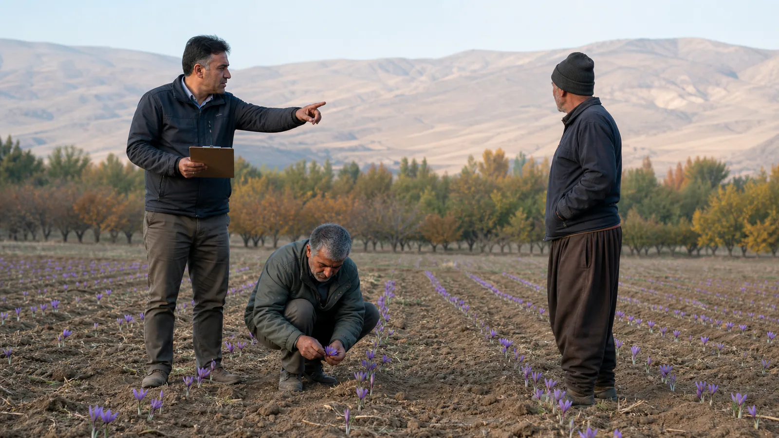 Growers reviewing a small Tuyserkan saffron field