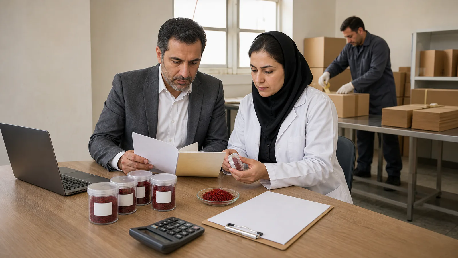Saffron exporter reviewing shipment and payment records