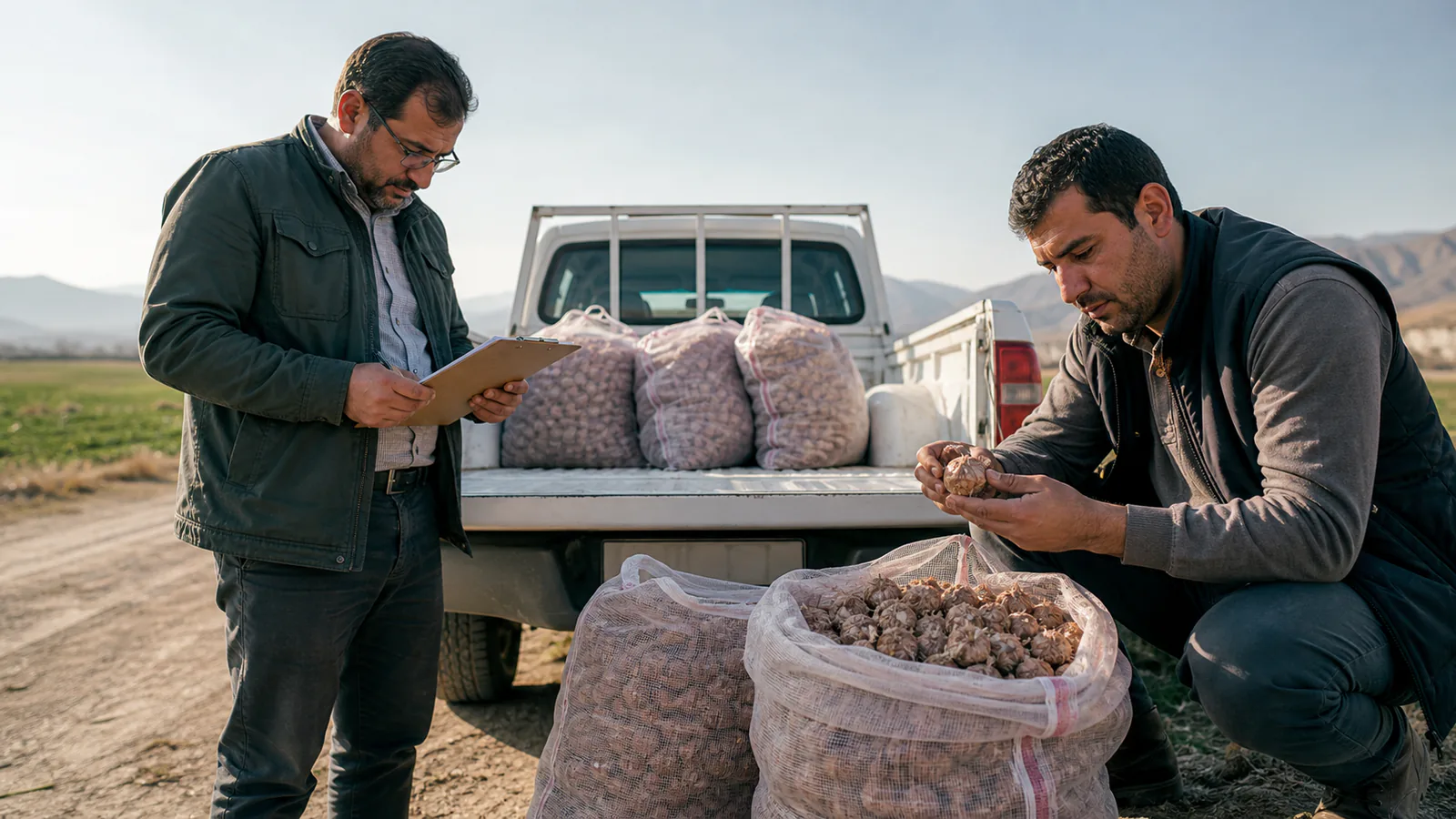 Agricultural inspectors checking saffron corms before transport