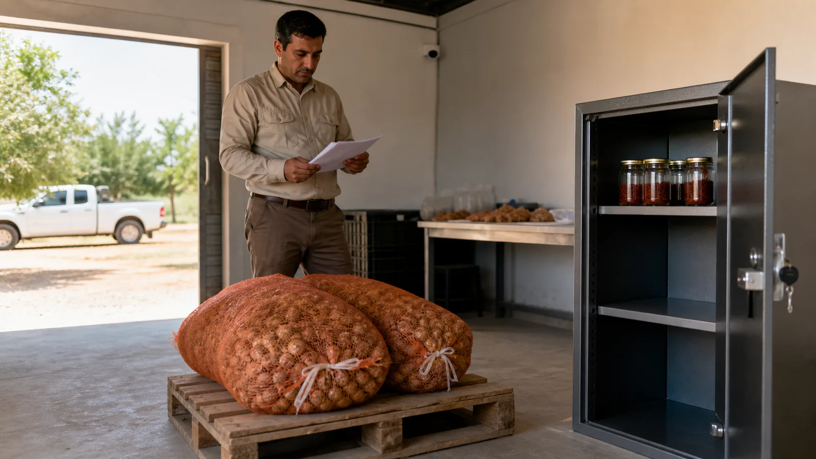 Inspector checking saffron corm shipment records and sealed saffron stock