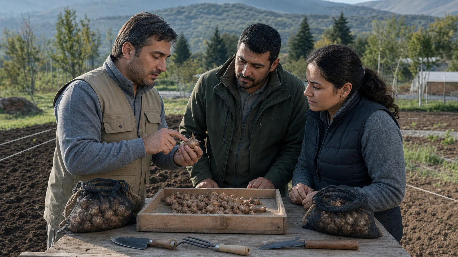 Agronomist training growers to inspect and plant saffron corms