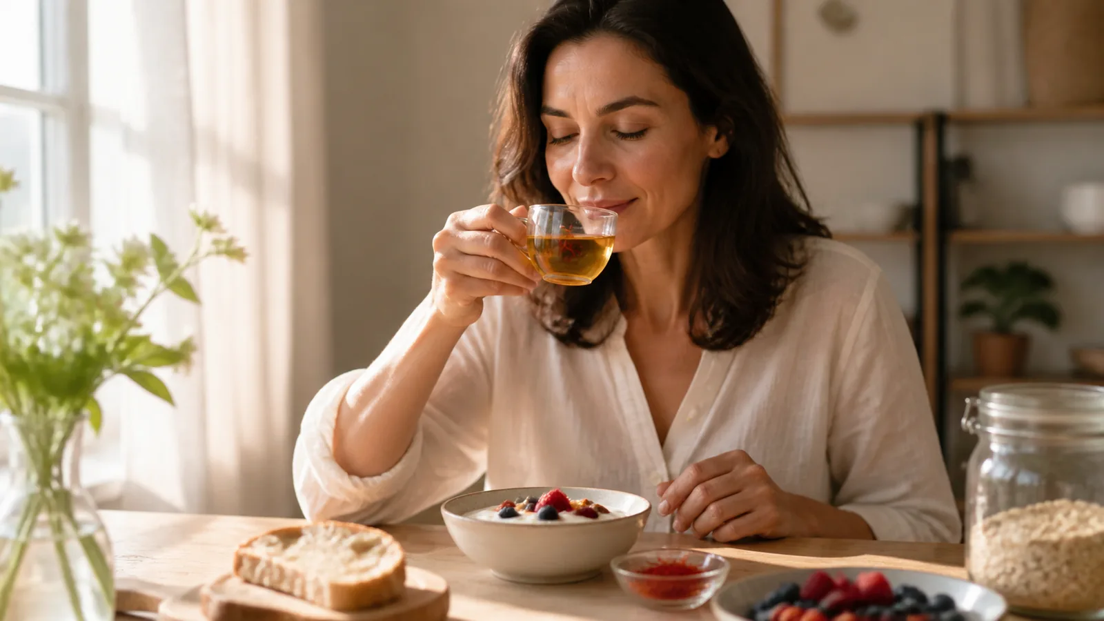 Saffron tea and threads in a calm sunlit setting associated with everyday wellbeing