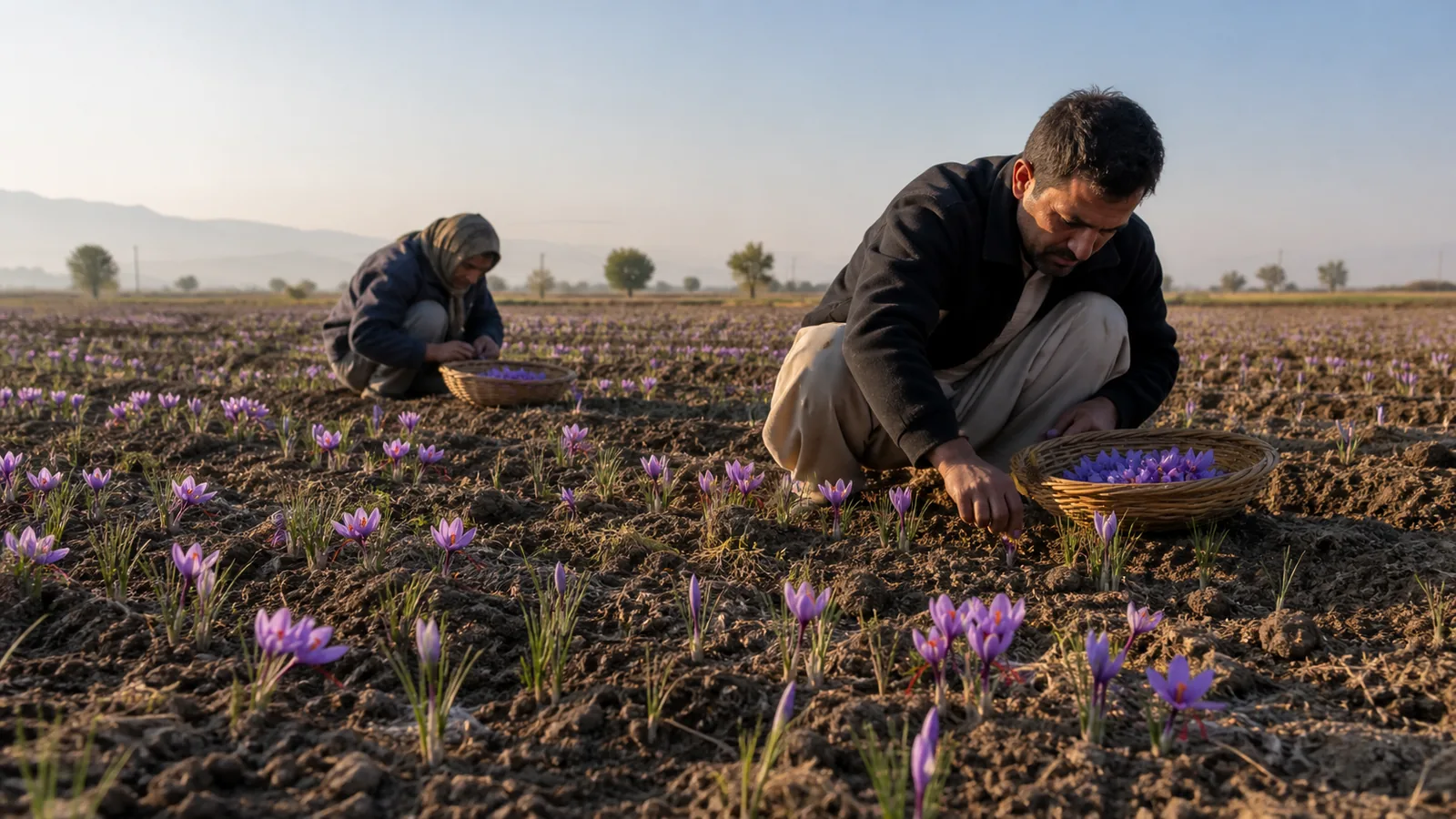 Saffron flowers being harvested in an agricultural field