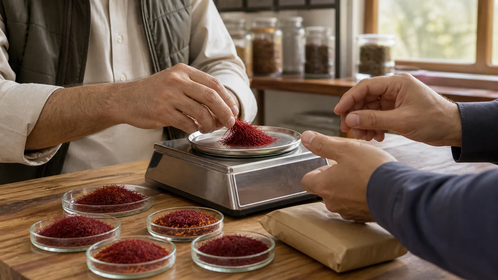 Saffron threads being weighed for a wholesale market transaction