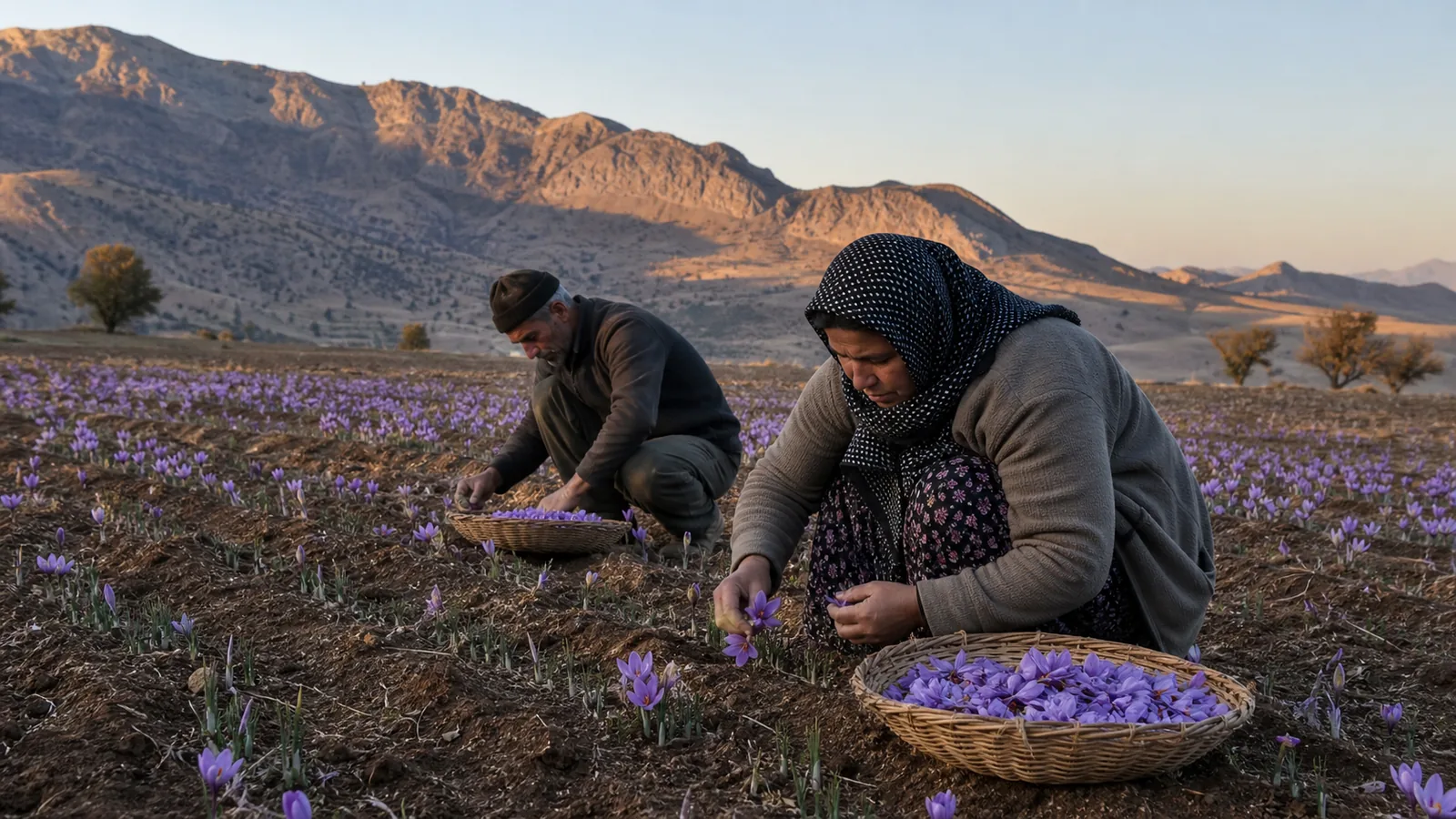 Saffron harvest in a high-altitude field near Farsan