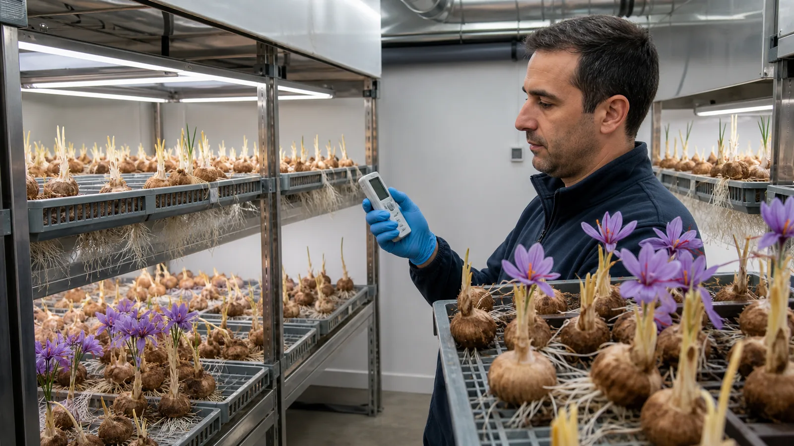Saffron corms flowering on trays in a controlled aeroponic growing room