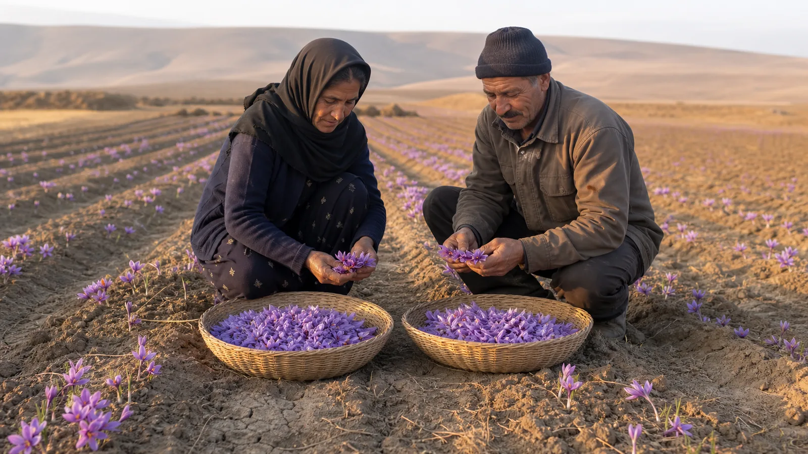 Saffron growers reviewing a harvested field in Khorasan