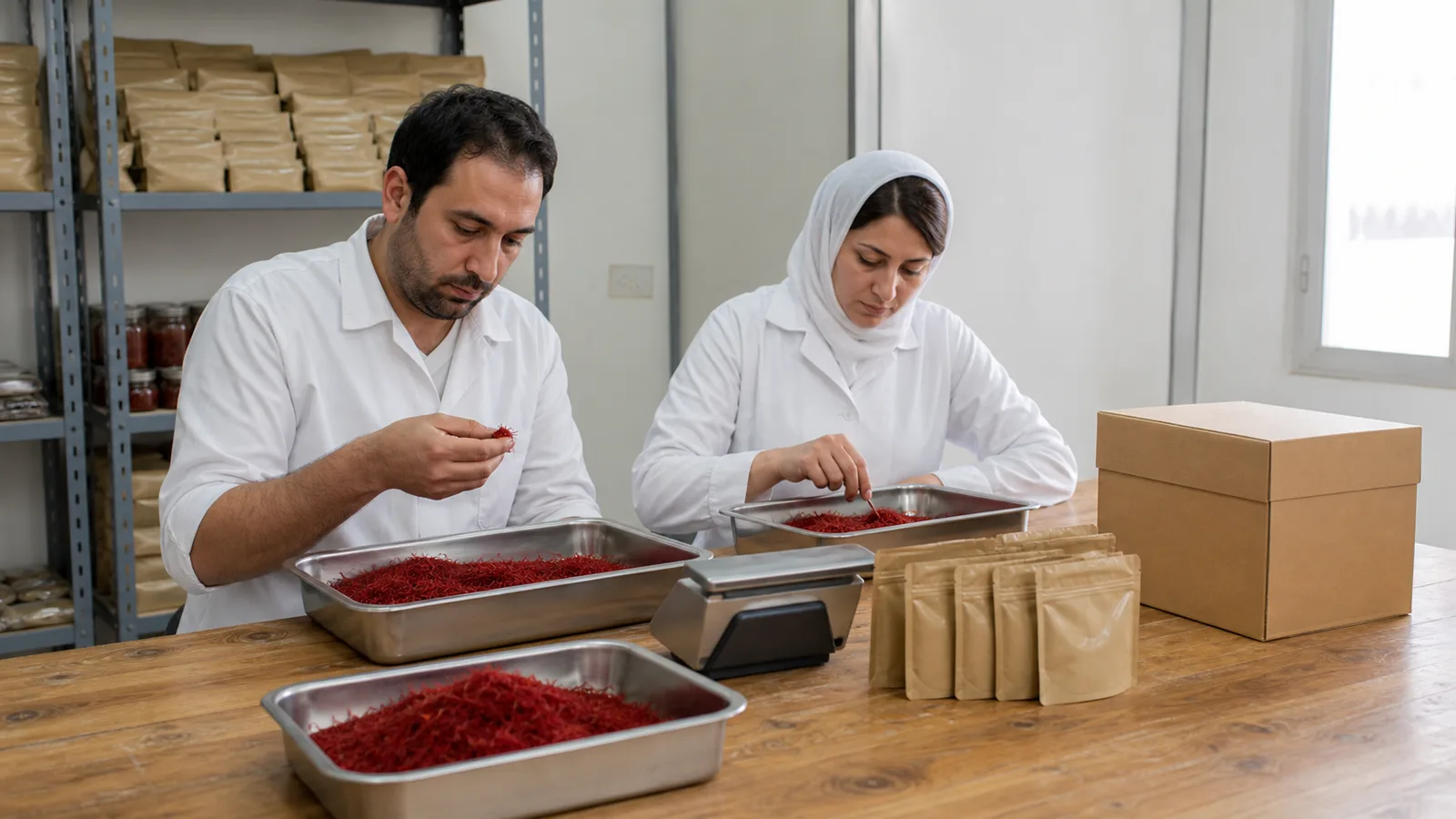 Saffron threads prepared for an export shipment to Spain