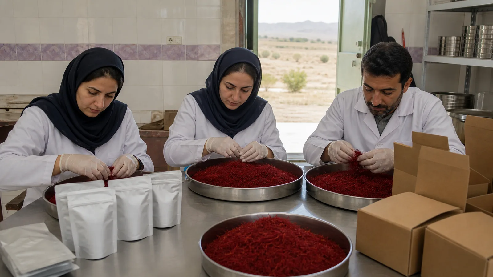Workers preparing Khorasan Razavi saffron for export