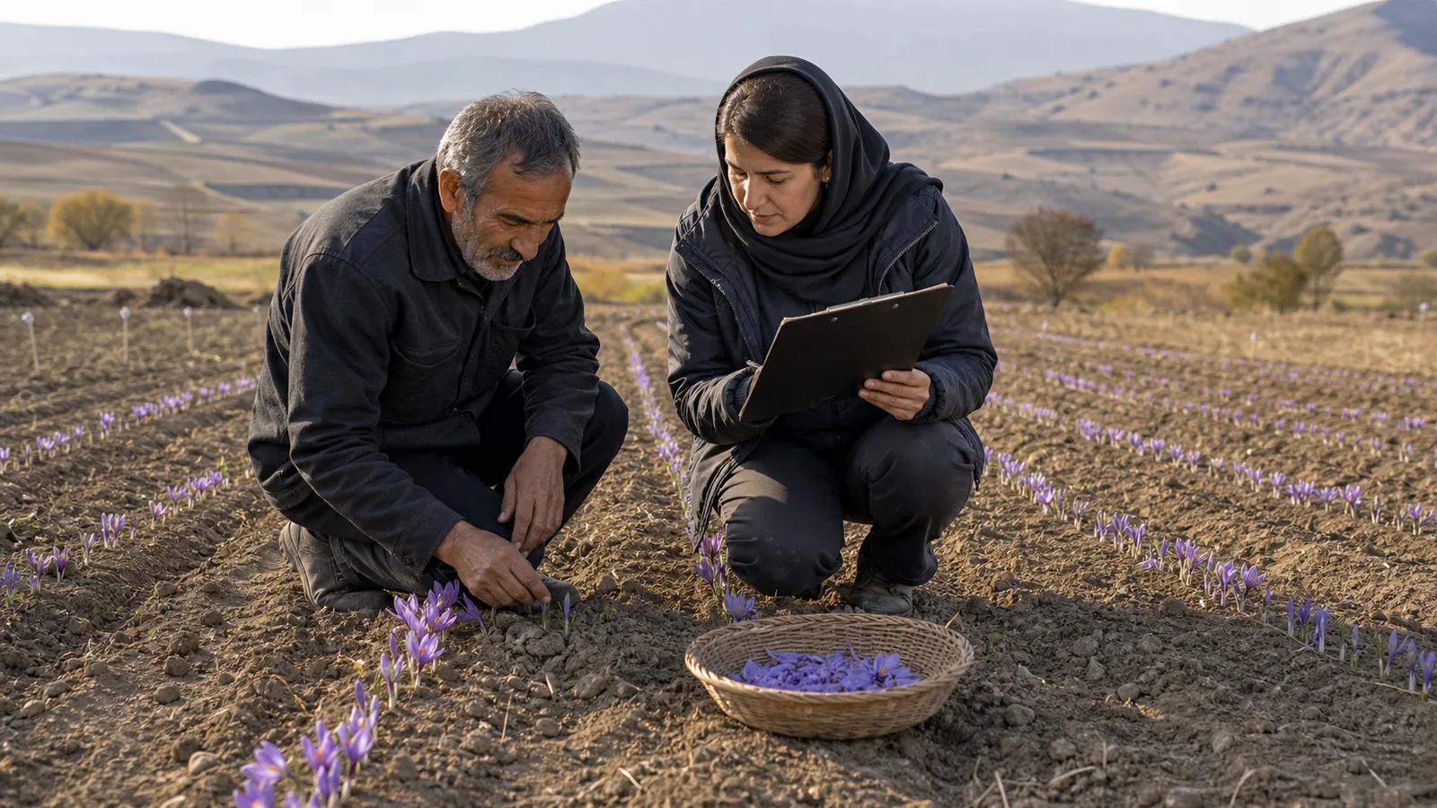 Farmers inspecting a new saffron trial plot in Iran