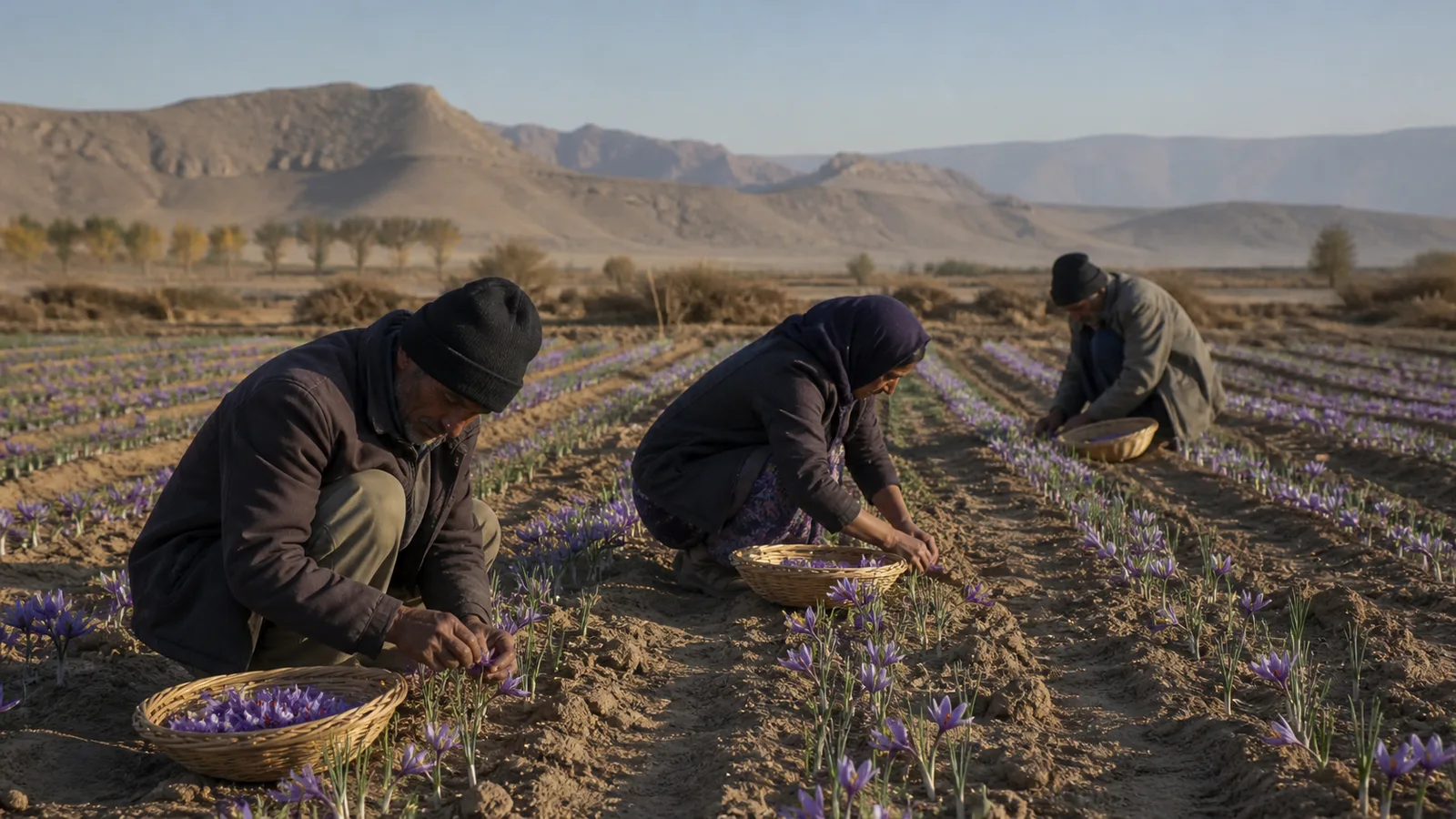 Workers harvesting saffron in a dry Iranian farming region