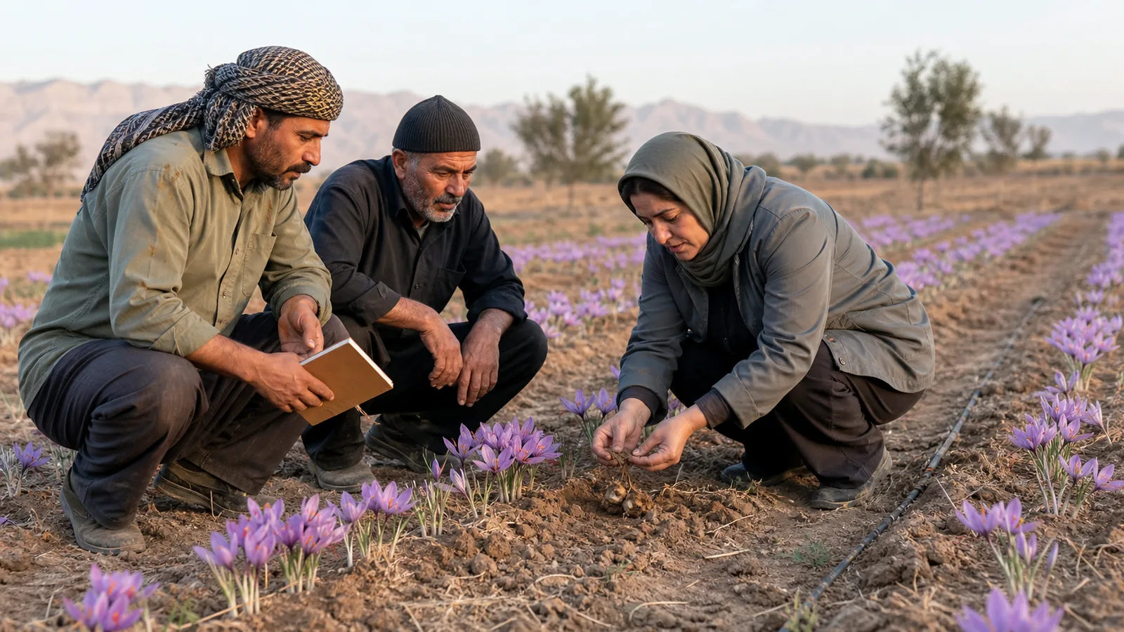 Isfahan saffron farmers inspecting flowers in a dry-climate field