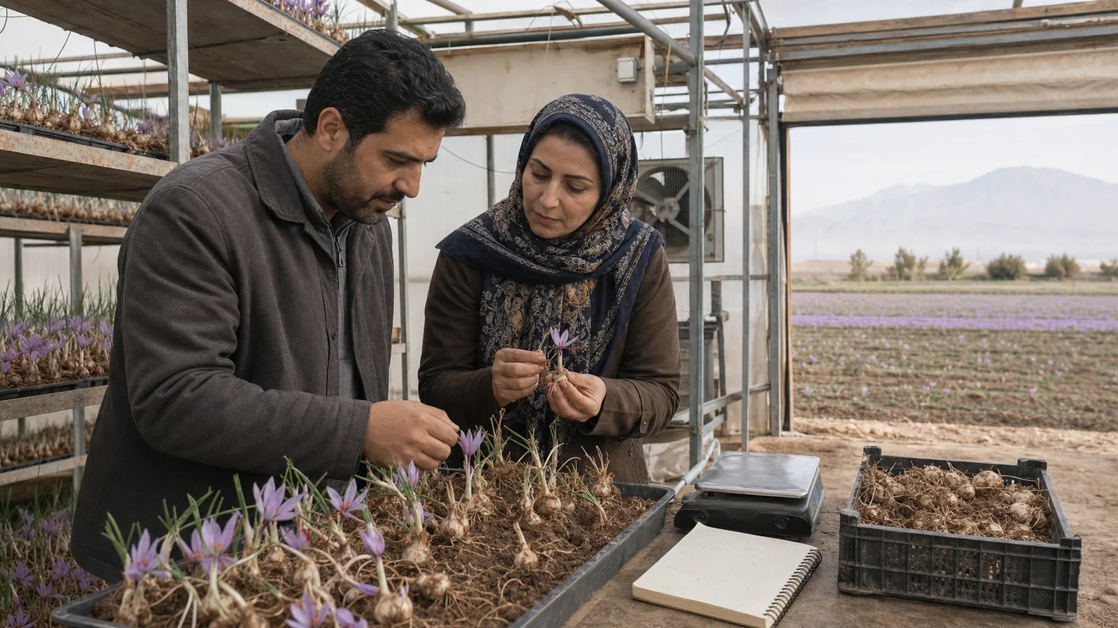 Saffron corms flowering on greenhouse trays beside a field sample