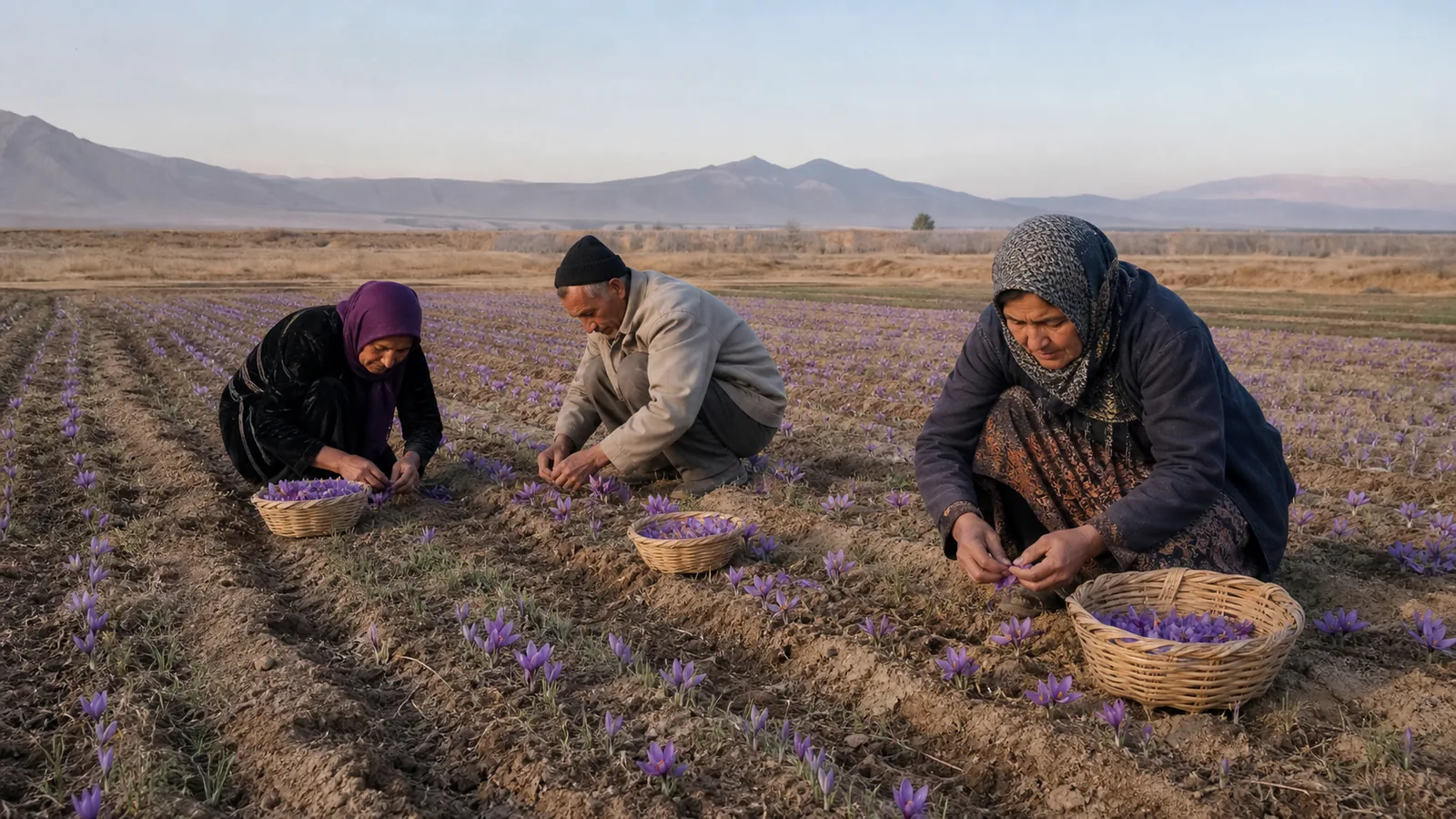 Rural farmers hand-picking saffron flowers in a Buin Zahra field