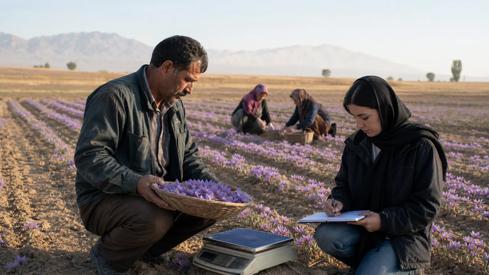 Khomein farmer and agricultural specialist documenting a saffron harvest