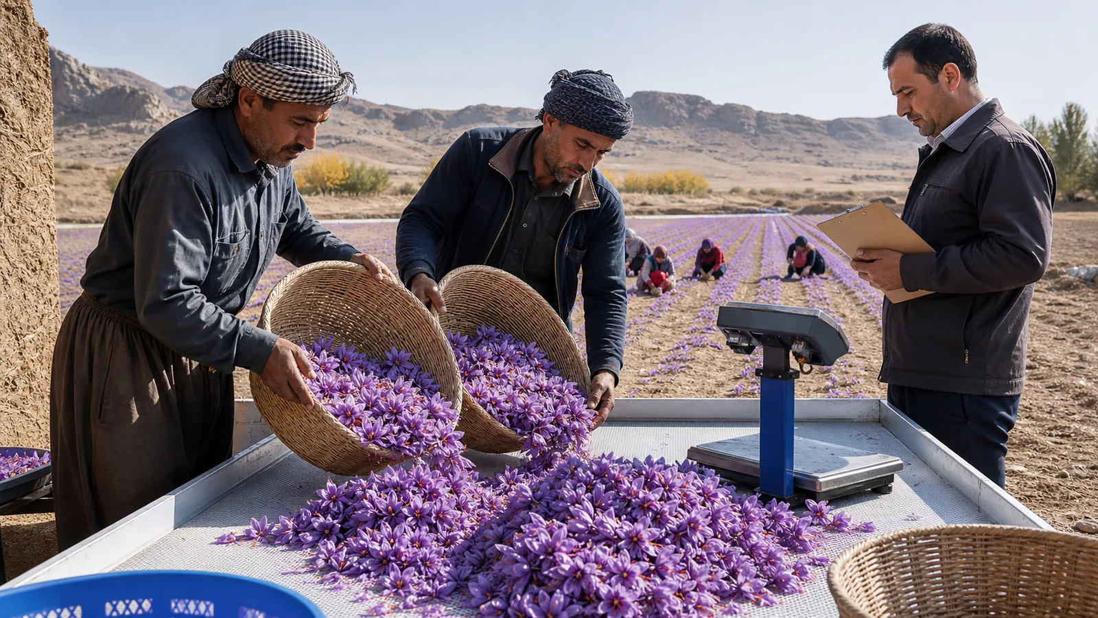 Workers and an agricultural official assessing a Neyshabur saffron harvest