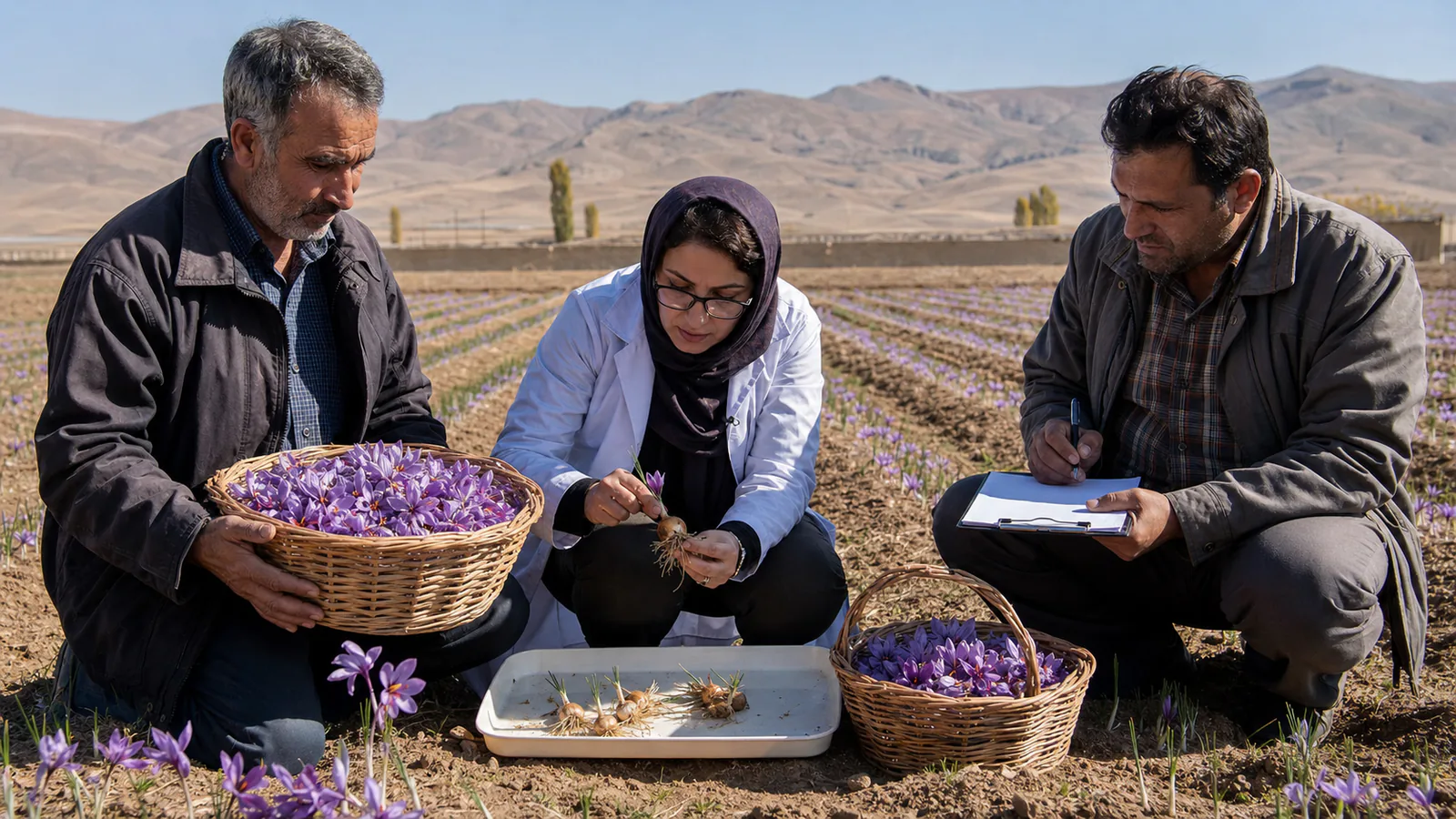 East Azerbaijan farmers and a specialist reviewing saffron flowers and corms
