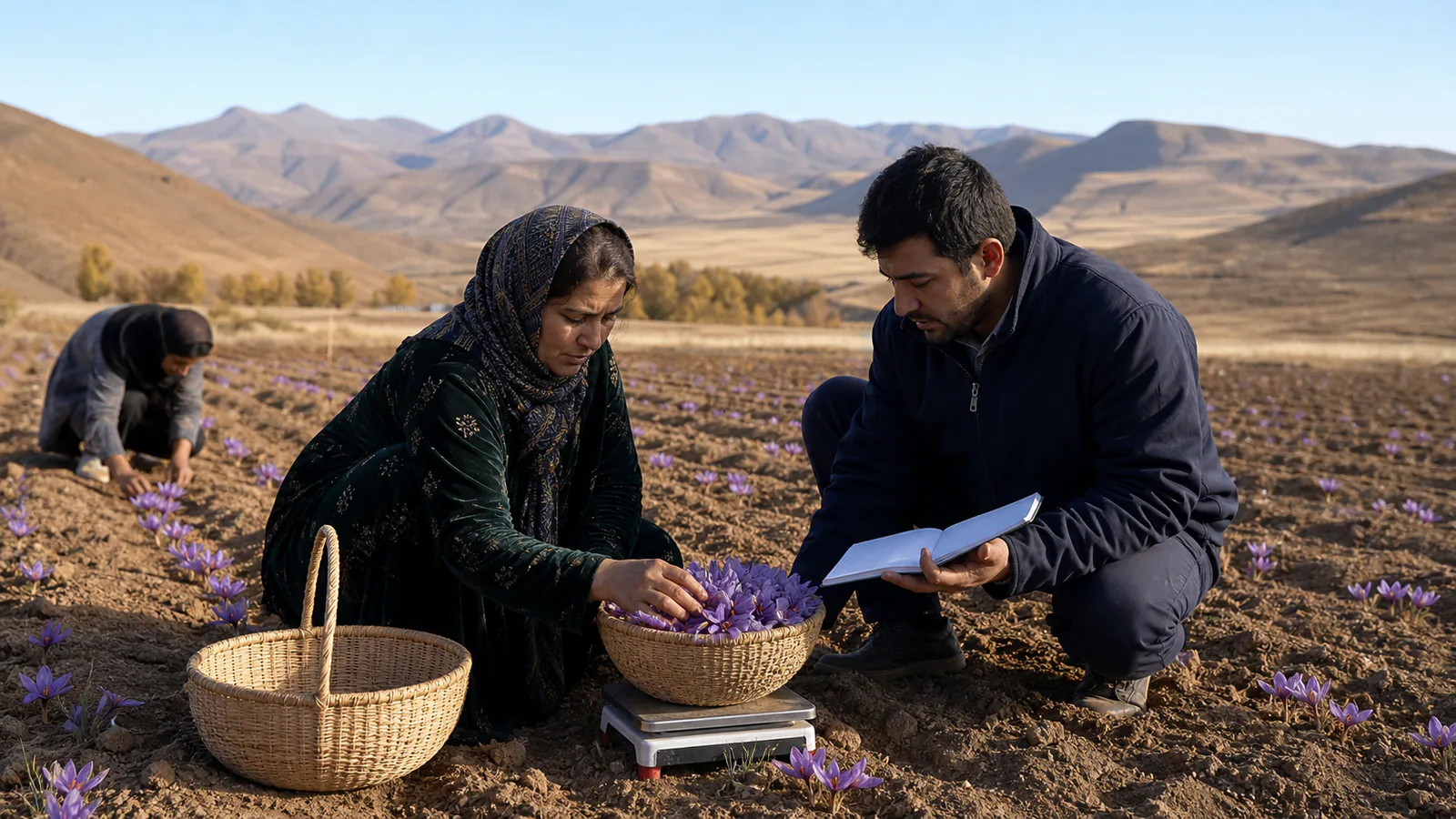 Fars saffron grower and specialist weighing flowers during harvest