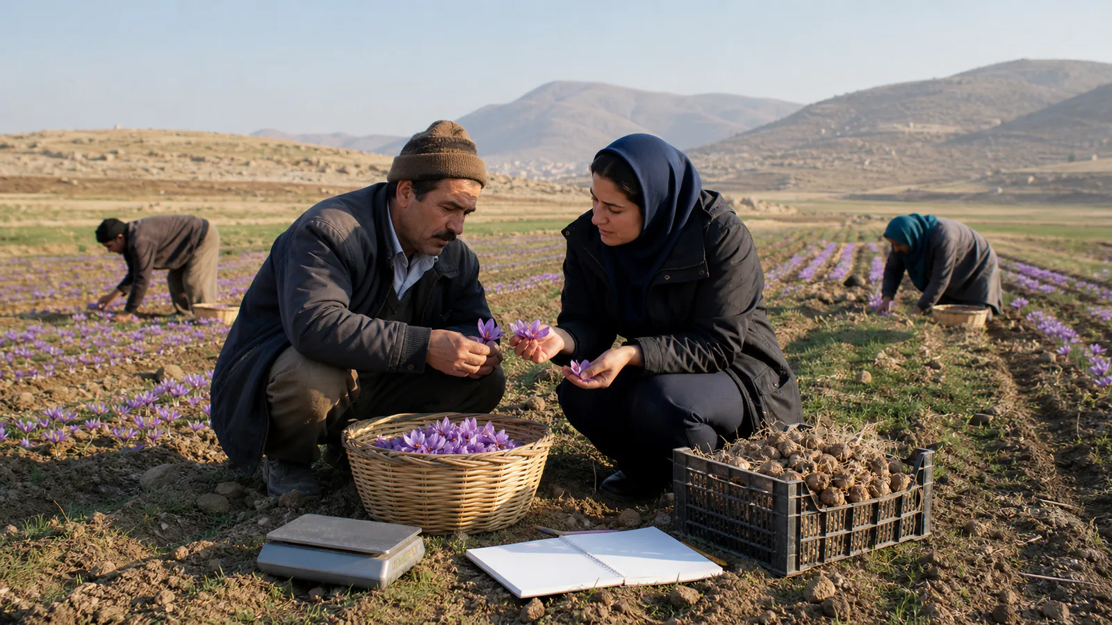 Islamabad-Gharb grower and specialist reviewing saffron flowers and corms