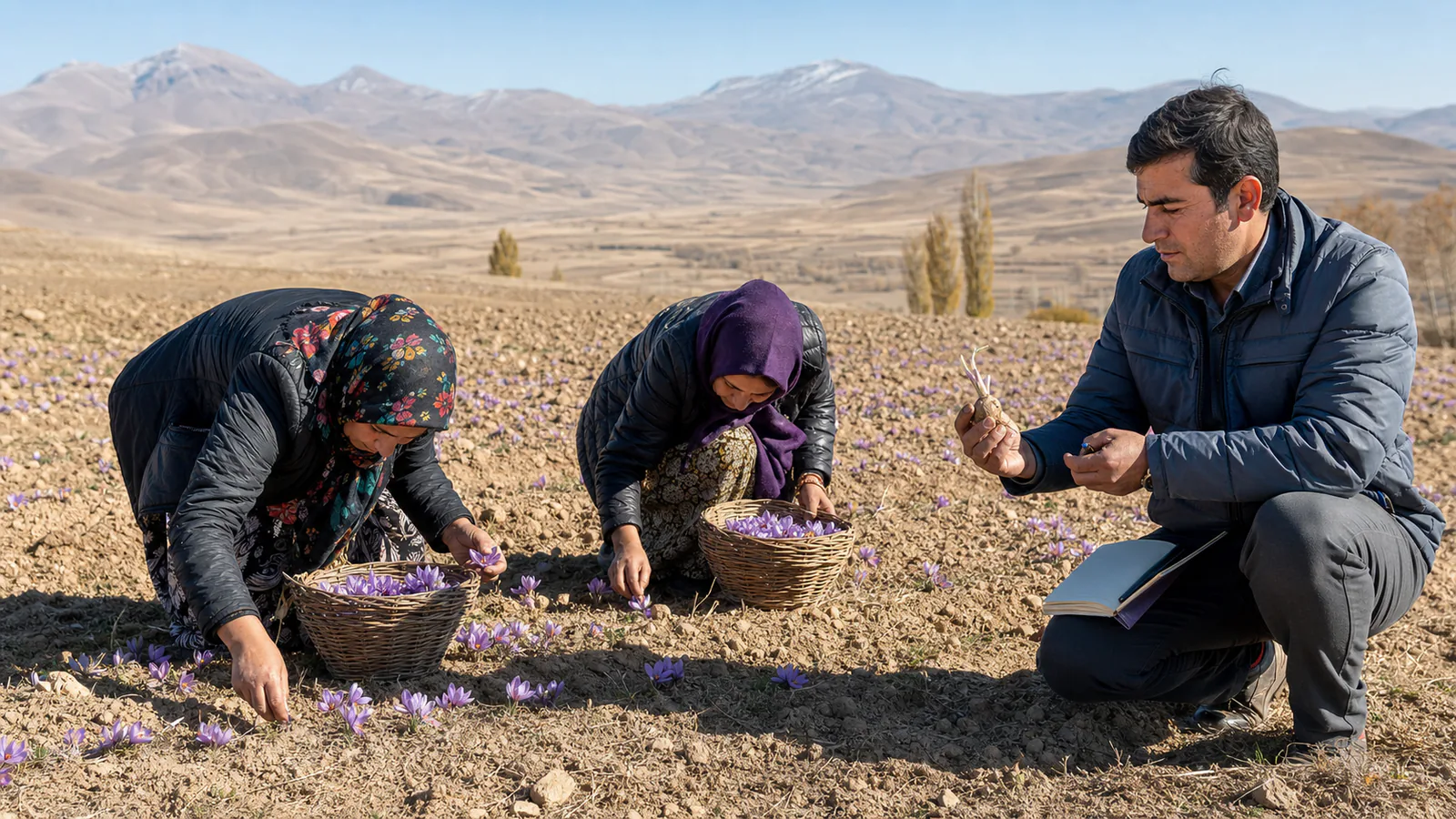 Khalkhal farmers harvesting saffron while a specialist inspects a corm