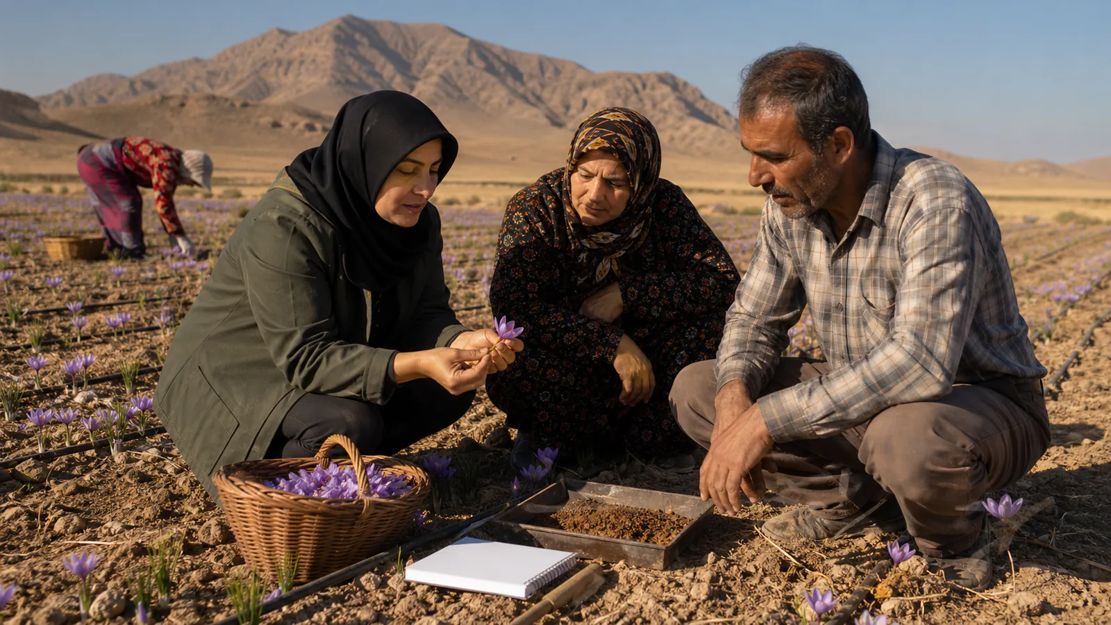 A specialist shows saffron flowers to growers beside a soil tray and drip line