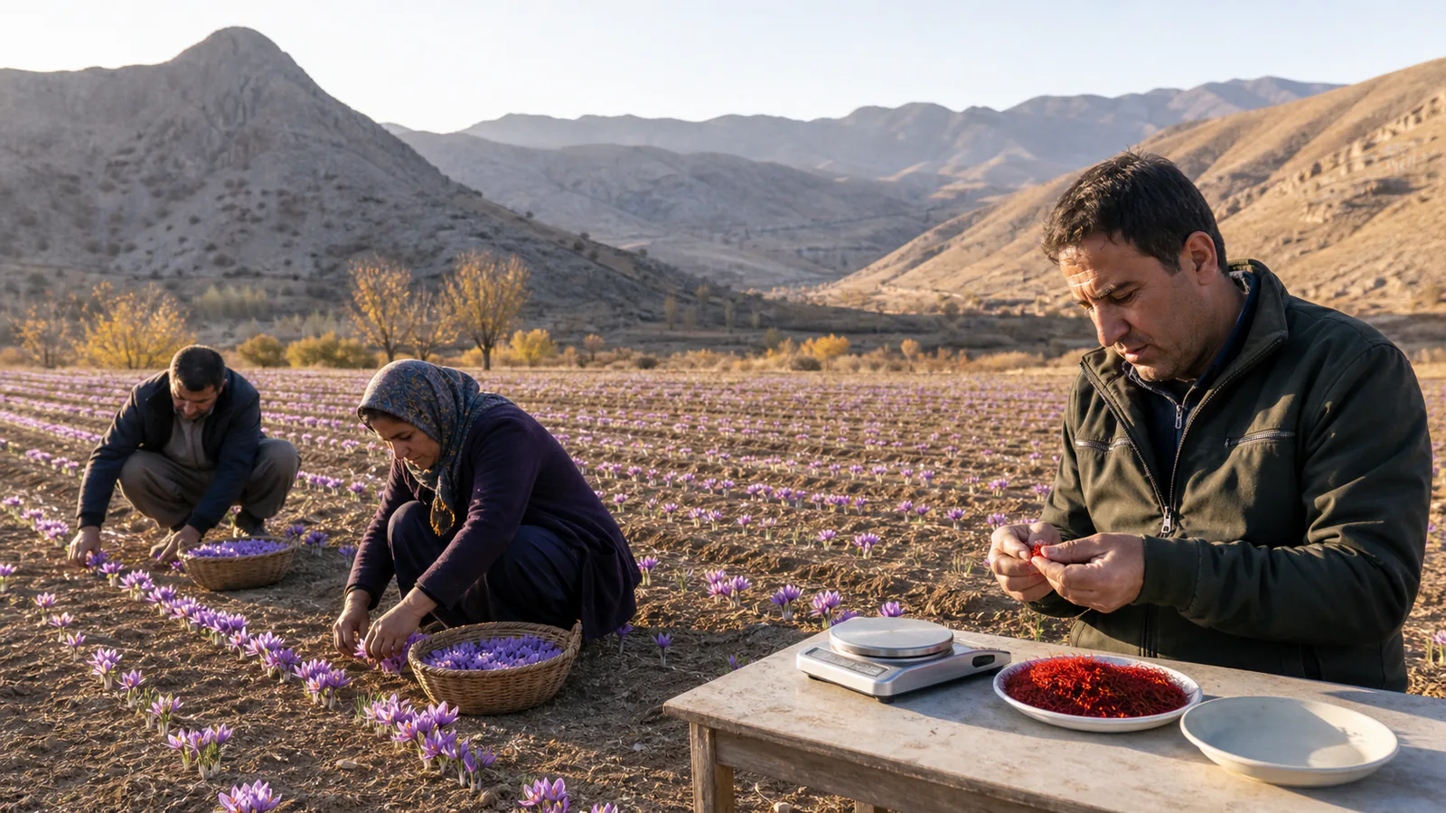 Workers harvest saffron in a mountain field while a specialist checks the red stigmas