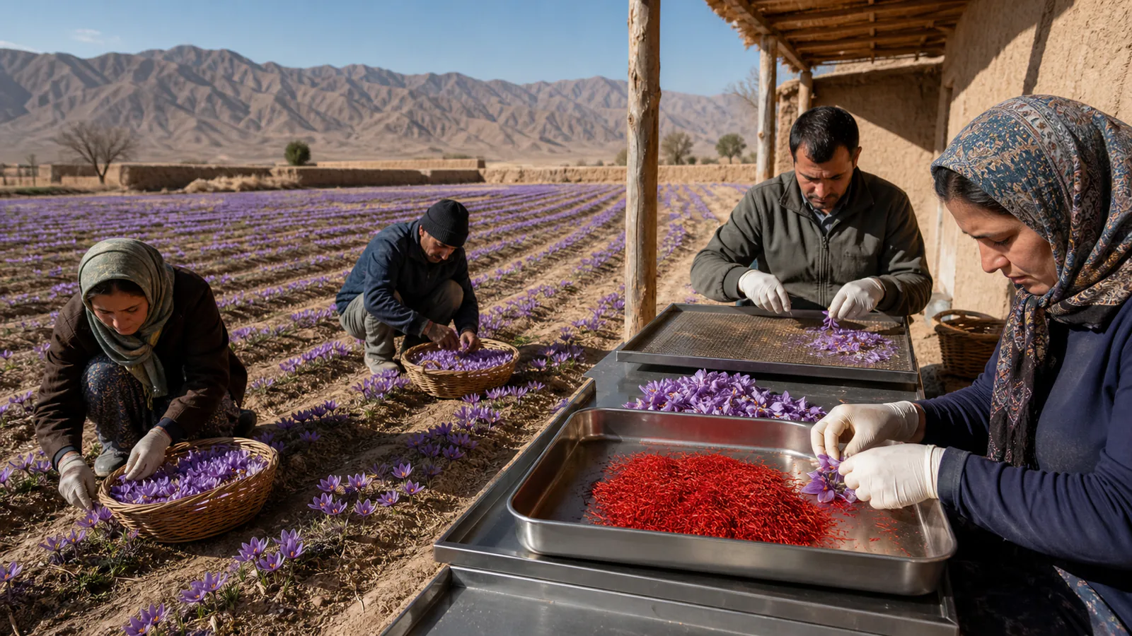 Growers harvest saffron while workers separate red stigmas on clean trays in Yazd