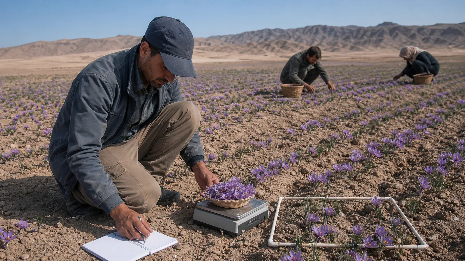 A technician weighs saffron flowers from a marked sample area in a Sirjan field