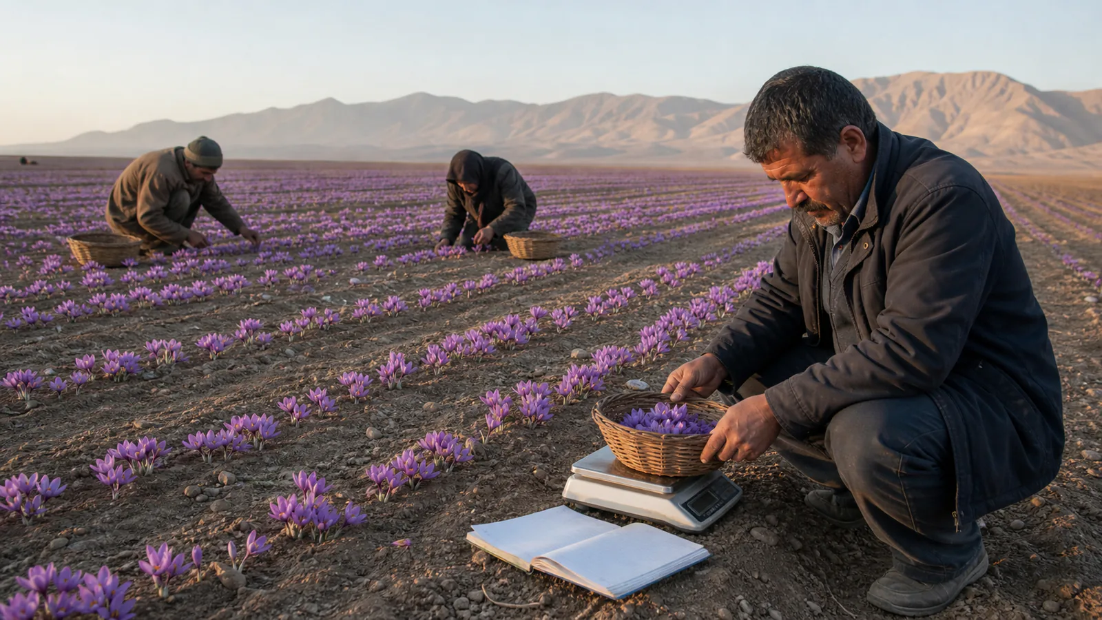 A field supervisor weighs a basket of saffron flowers during harvest in Estahban
