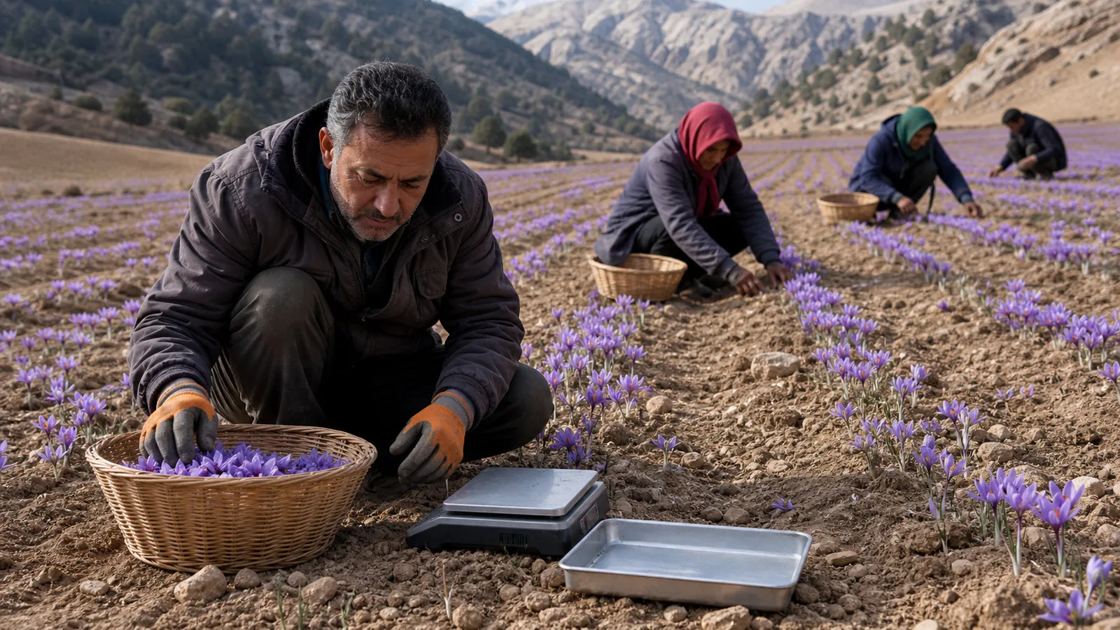 Workers pick saffron flowers in a mountain field in Rabar beside a sample scale