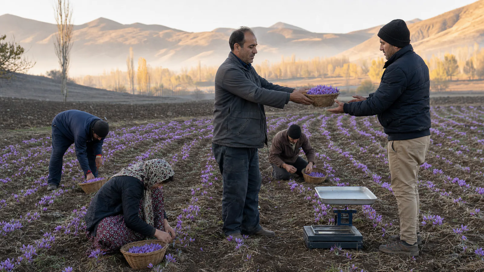 A seasonal crew picks and weighs saffron flowers on a Nahavand farm