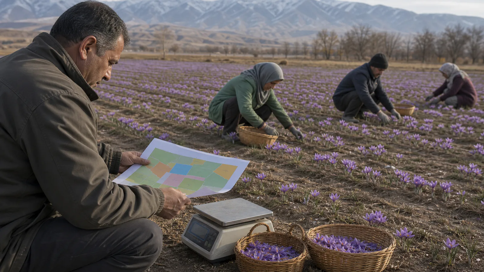 A field officer reviews a plot map while workers harvest saffron in Qazvin