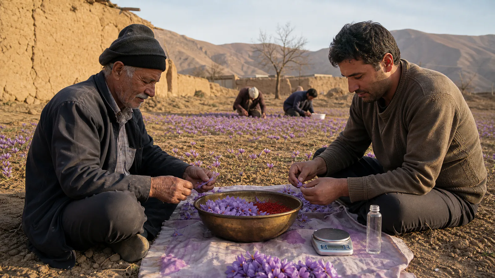 Older and younger growers separate saffron stigmas beside a harvest field and sample scale