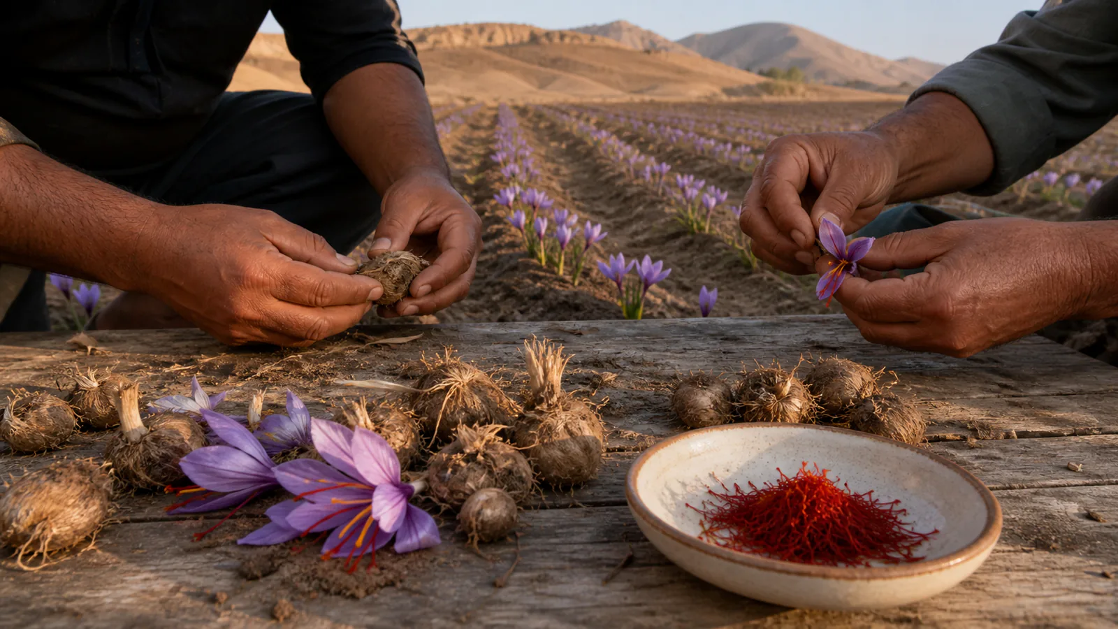 Growers handle saffron corms and flowers beside a field with separated red stigmas