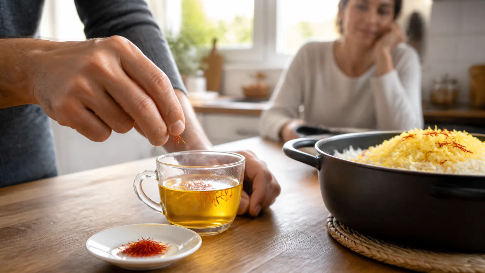 Hands add saffron threads to a small infusion beside a pot of saffron rice