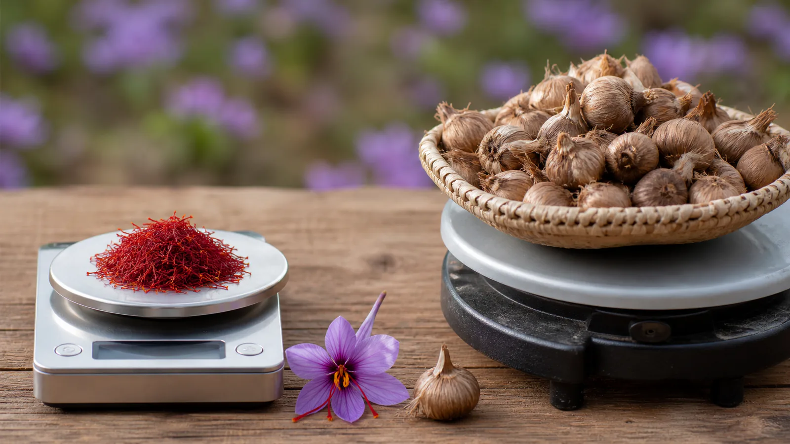 Dried saffron threads and planting corms sit on separate weighing scales